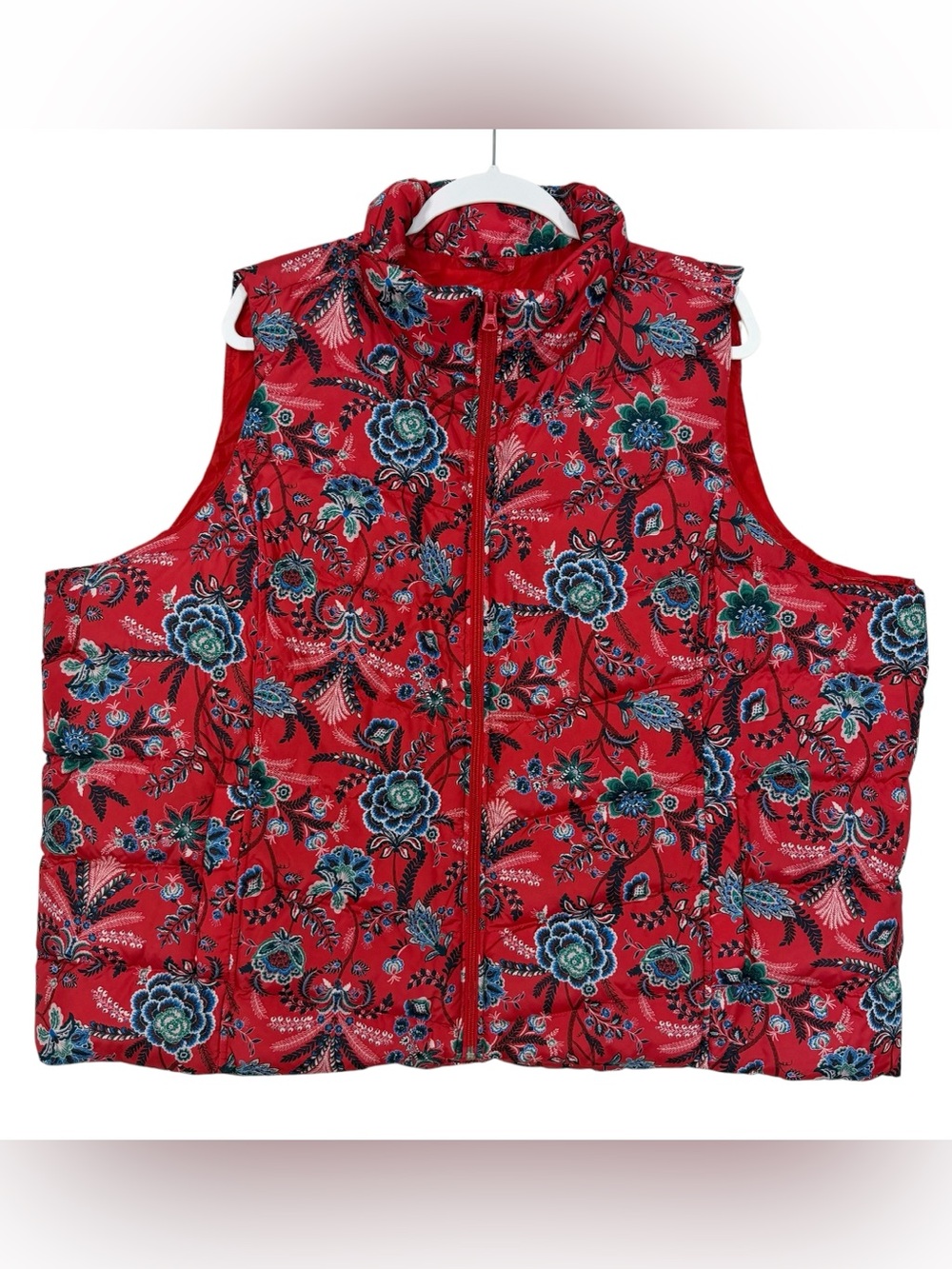 Lands’ End Women’s Down Puffer Vest Red Blue Floral 600 Fill NWT Size 3X